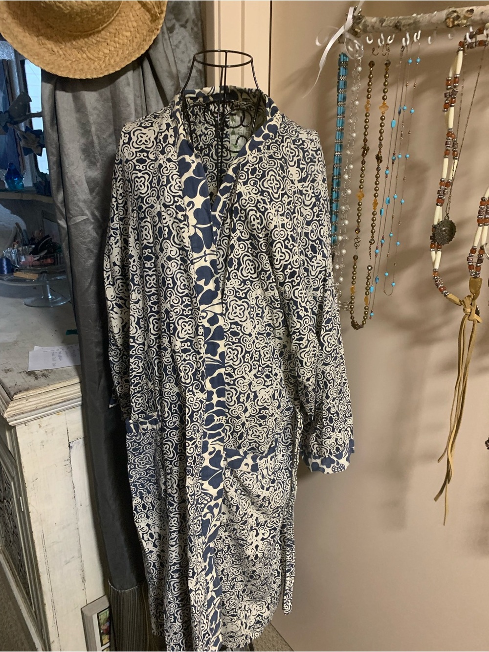 Women's Navy & White Printed Cotton Robe - Relaxed Fit